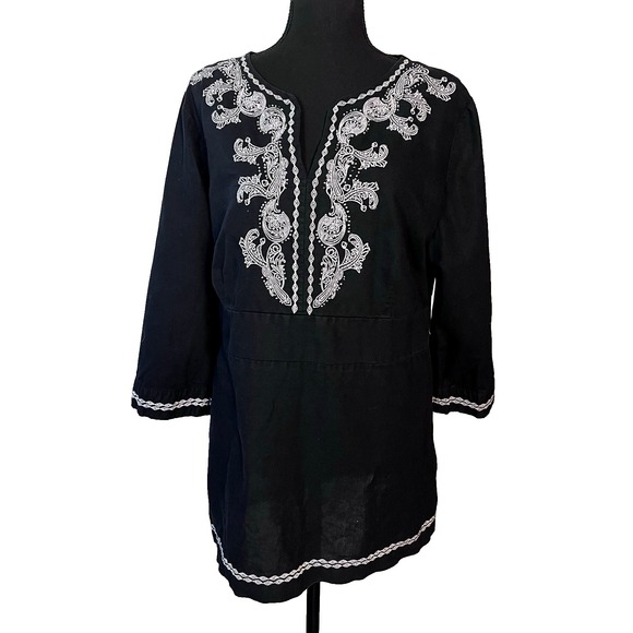Covington Tops - Covington Women's XL Black Embroidered Tunic Blouse Cotton Linen Boho 3/4 Sleeve
